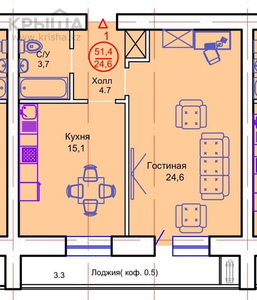 1-комнатная квартира, 51.4 м², 9/12 этаж, проспект Тауелсиздик 34/8