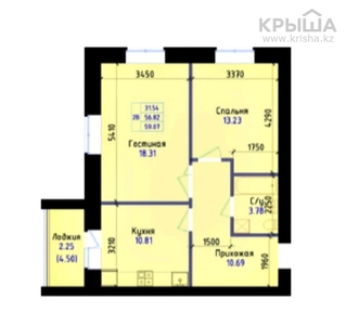 2-комнатная квартира, 59.07 м², 3/9 этаж, Ашимова 140