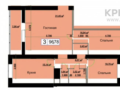 3-комнатная квартира, 96.7 м², 9/9 этаж, Военный городок