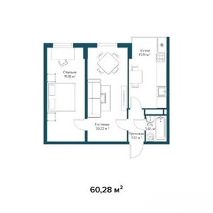 1-комн. квартира , 60.28м² , 6/6 этаж