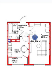 1-комн. квартира , 41м² , 12/12 этаж