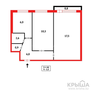 2-комнатная квартира, 43 м², 5/5 этаж, проспект Республики 16