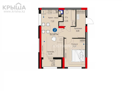 2-комнатная квартира, 53.83 м², 6/16 этаж, Мухамедханова