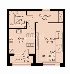 1-комн. квартира , 42.3м² , 17/17 этаж