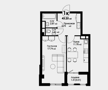 1-комн. квартира , 43.25м² , 7/18 этаж