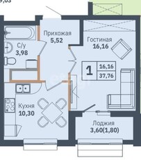 1-комн. квартира , 38м² , 5/16 этаж