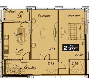 2-комнатная квартира, 75.3 м², 2/8 этаж, Кайым Мухамедханова 11