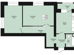 2-комн. квартира , 57.3м² , 4/9 этаж