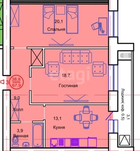 2-комн. квартира , 67.9м² , 9/12 этаж