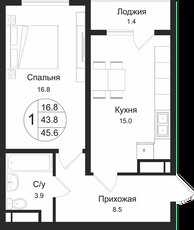 1-ком. квартира в новостройке, 45.6 кв.м. на 5 этаже