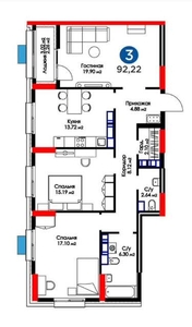 3-комн. квартира , 92м² , 16/19 этаж