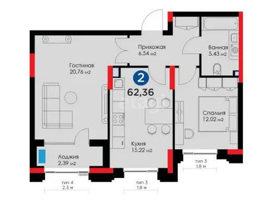 2-комн. квартира , 60.8м² , 16/17 этаж