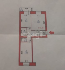 2-комн. квартира , 52м² , 4/13 этаж