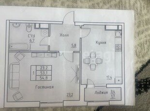 2-комн. квартира , 53.1м² , 6/10 этаж