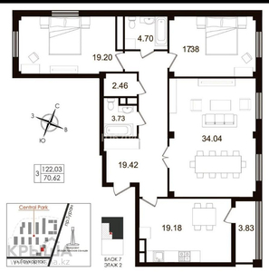 3-комнатная квартира, 122 м², 2/9 этаж, Туран 5