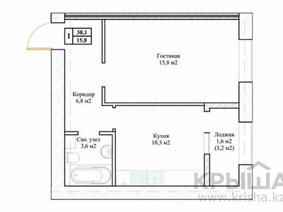 1-комнатная квартира, 38.1 м², 4/9 этаж, Байтурсынова