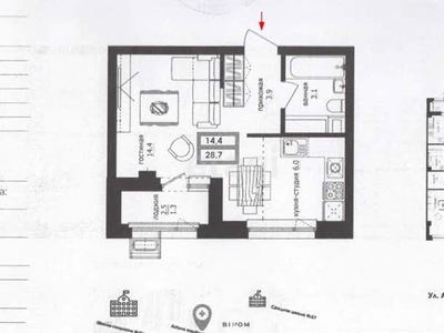 1-комн. квартира , 28.7м² , 2/9 этаж