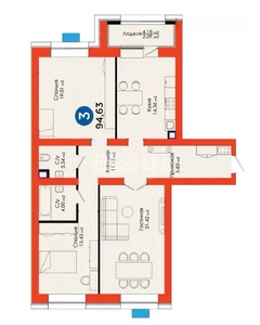 3-комн. квартира , 95м² , 3/9 этаж