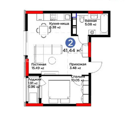 2-комн. квартира , 41м² , 6/14 этаж