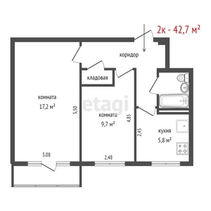 2-комн. квартира , 42.7м² , 3/4 этаж