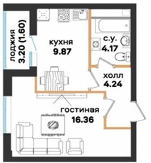 1-комн. квартира , 37.4м² , 10/12 этаж