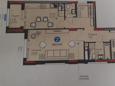 2-комнатная квартира, 69 м², 5/16 этаж, Мухамедханова