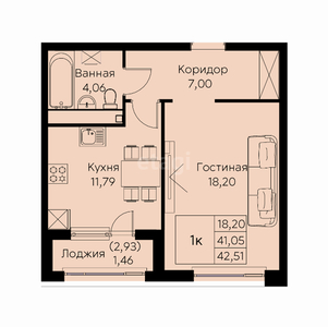 1-комн. квартира , 43.76м² , 2/17 этаж