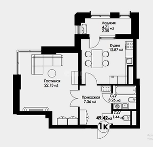 1-комн. квартира , 49.42м² , 3/18 этаж