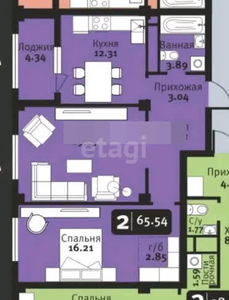 2-комн. квартира , 66м² , 4/9 этаж