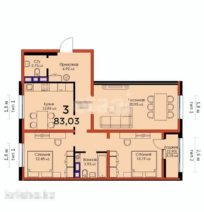 3-комн. квартира , 82.1м² , 6/9 этаж