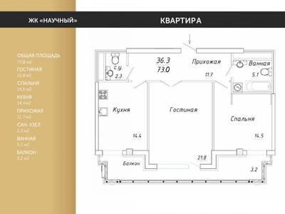 2 комнатная квартира в ЖК Научный