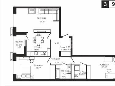 3-комн. квартира , 95.4м² , 6/9 этаж