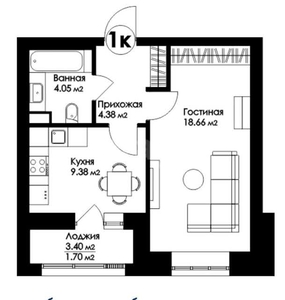 1-комн. квартира , 39.4м² , 5/9 этаж