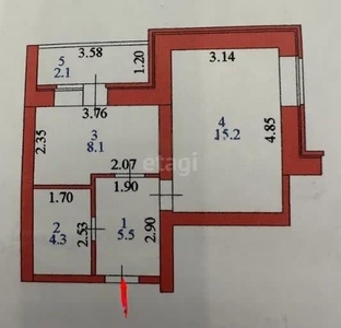 1-комн. квартира , 35.2м² , 4/5 этаж