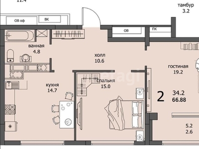 2-комн. квартира , 66.88м² , 2/12 этаж