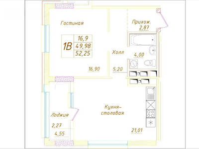 2-комн. квартира , 52.25м² , 7/22 этаж