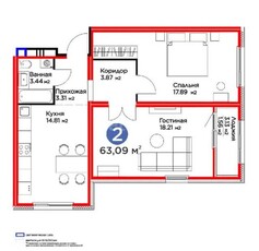 2-комн. квартира , 63м² , 12/17 этаж